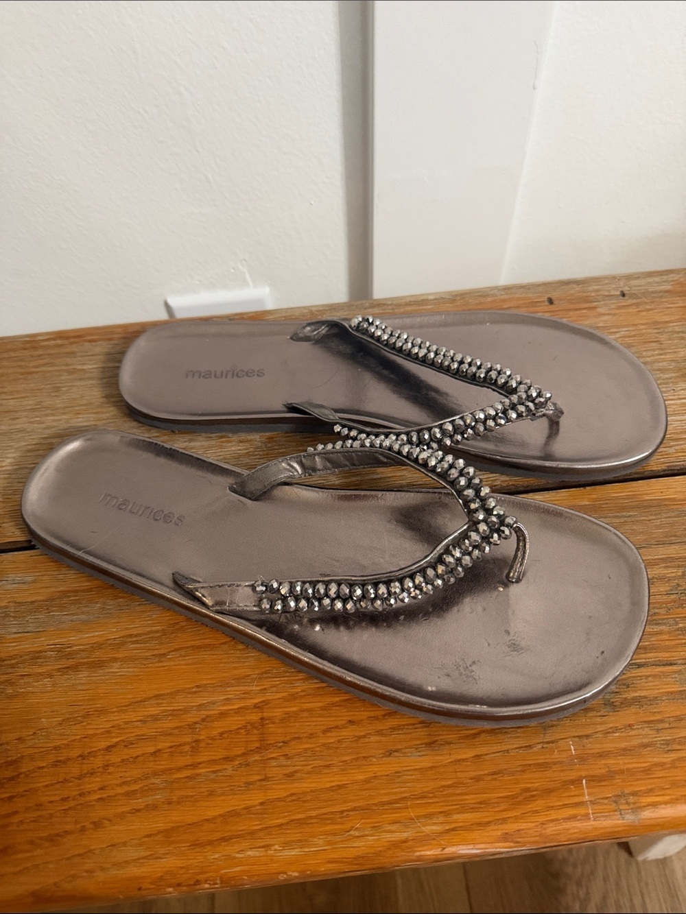 Maurice’s Silver Beaded Flat Flip Flops Size 10